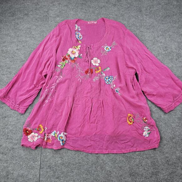Johnny Was Shirt Womens 3X Fuchsia Embroidered Tunic Boho Floral Peasant Rayon - Picture 1 of 12
